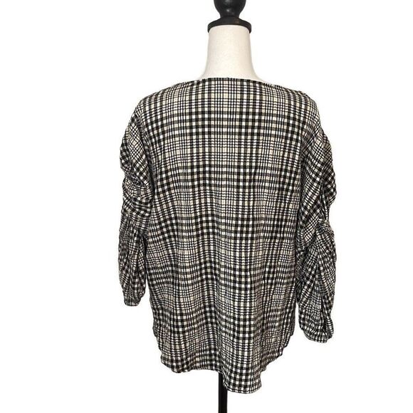 Zara Basic Womens Plaid Blouse Top Twist Knot Sleeve Black Cream Size Small - Picture 5 of 8